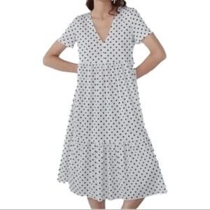 Zara Polka Dot Midi Dress White Black Short Sleeve V-Neck Pullover Size M Medium